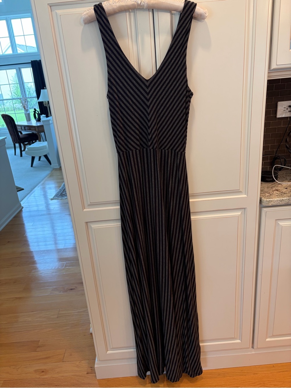 Adrienne Vittadini Black and Gray Striped V-Neck Maxi Dress